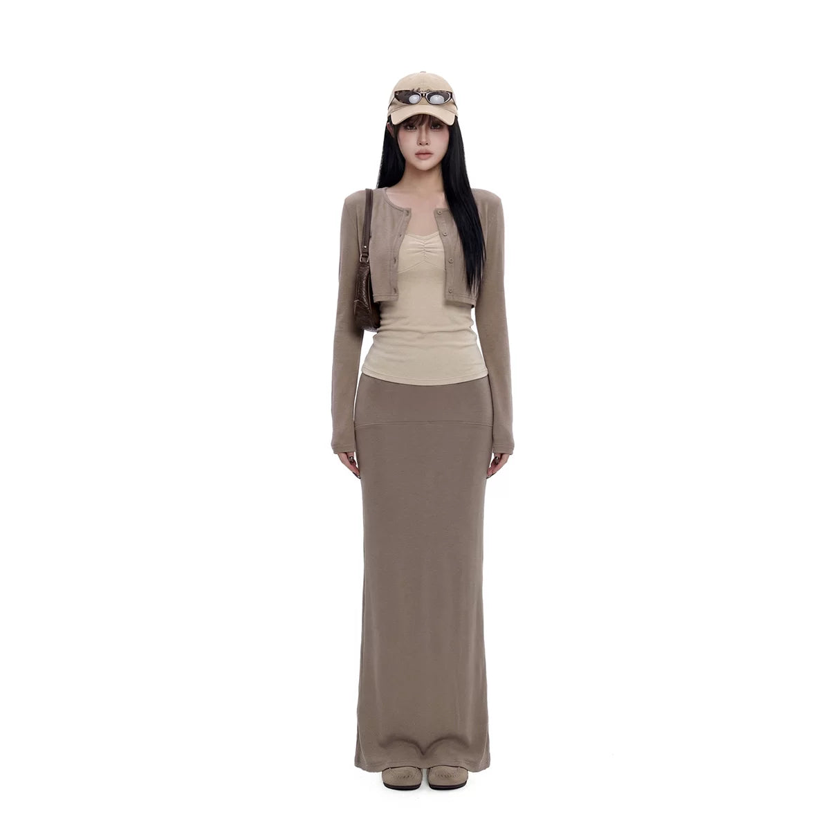 WITHMIN Front Shoulder Long Sleeve Suspender Low Waist Skirt Three-piece Set
