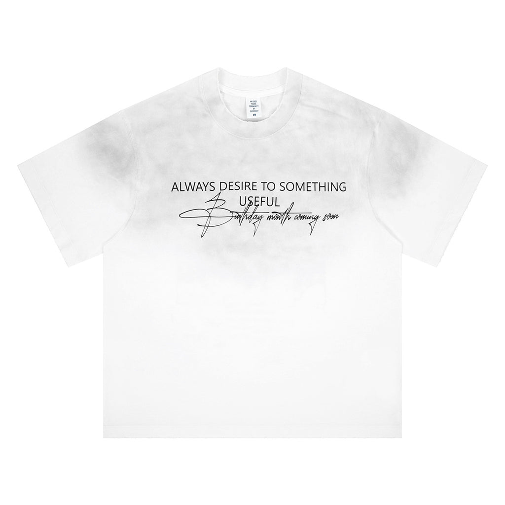 SUPER WAY Spray Color Gradual Change Letter Printing Simple Tee