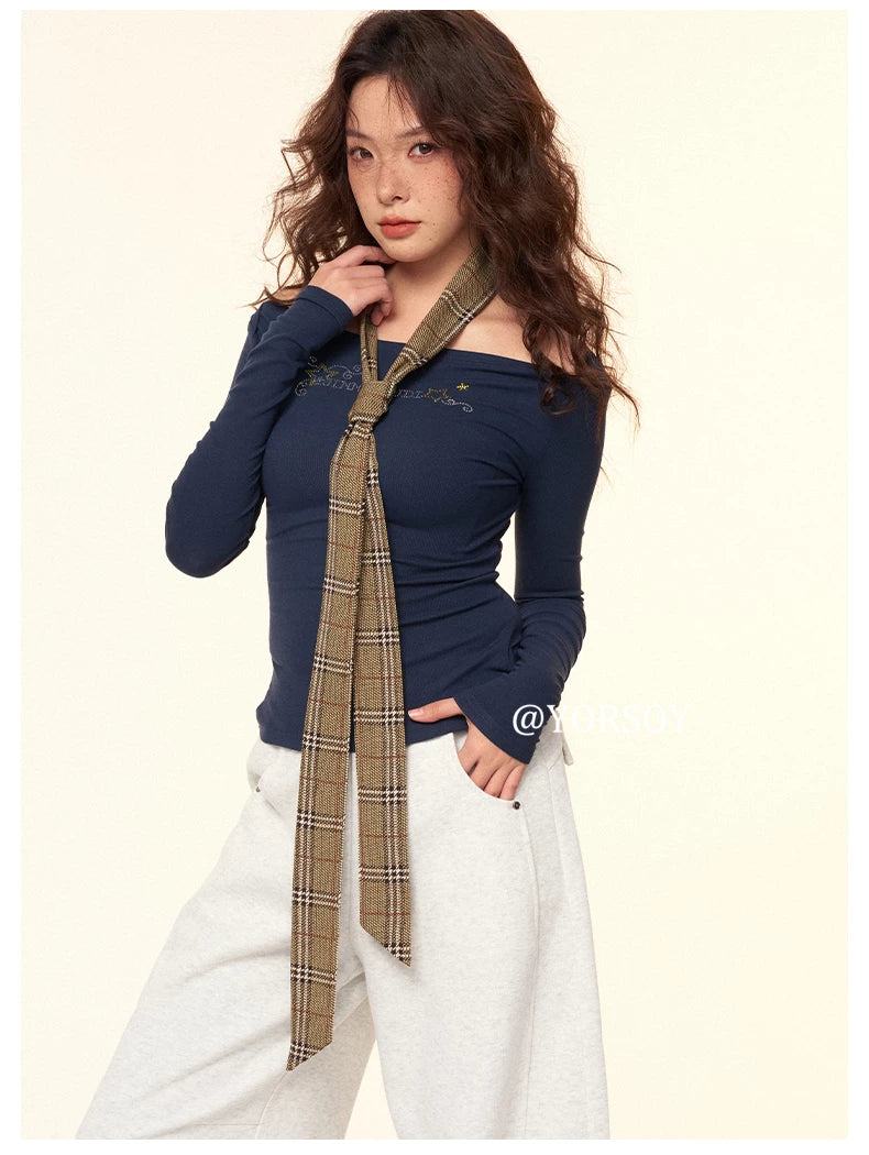 YORSOY Plaid Personalized Thin and Narrow Silk Scarf