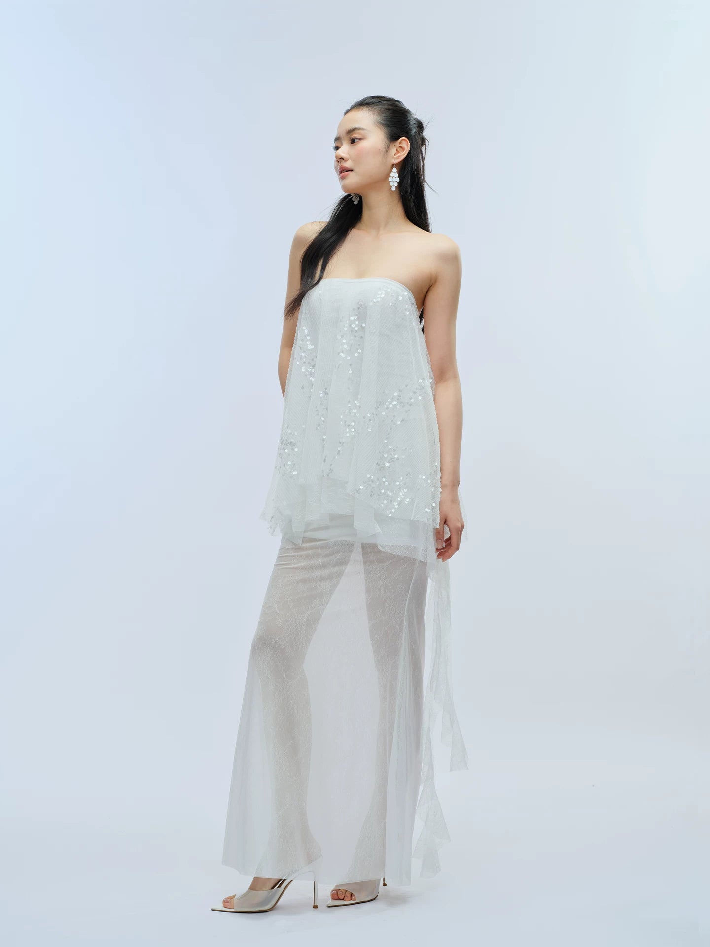 J TheChosen Pleated Sequined Streamer Lace Mesh Skirt Set