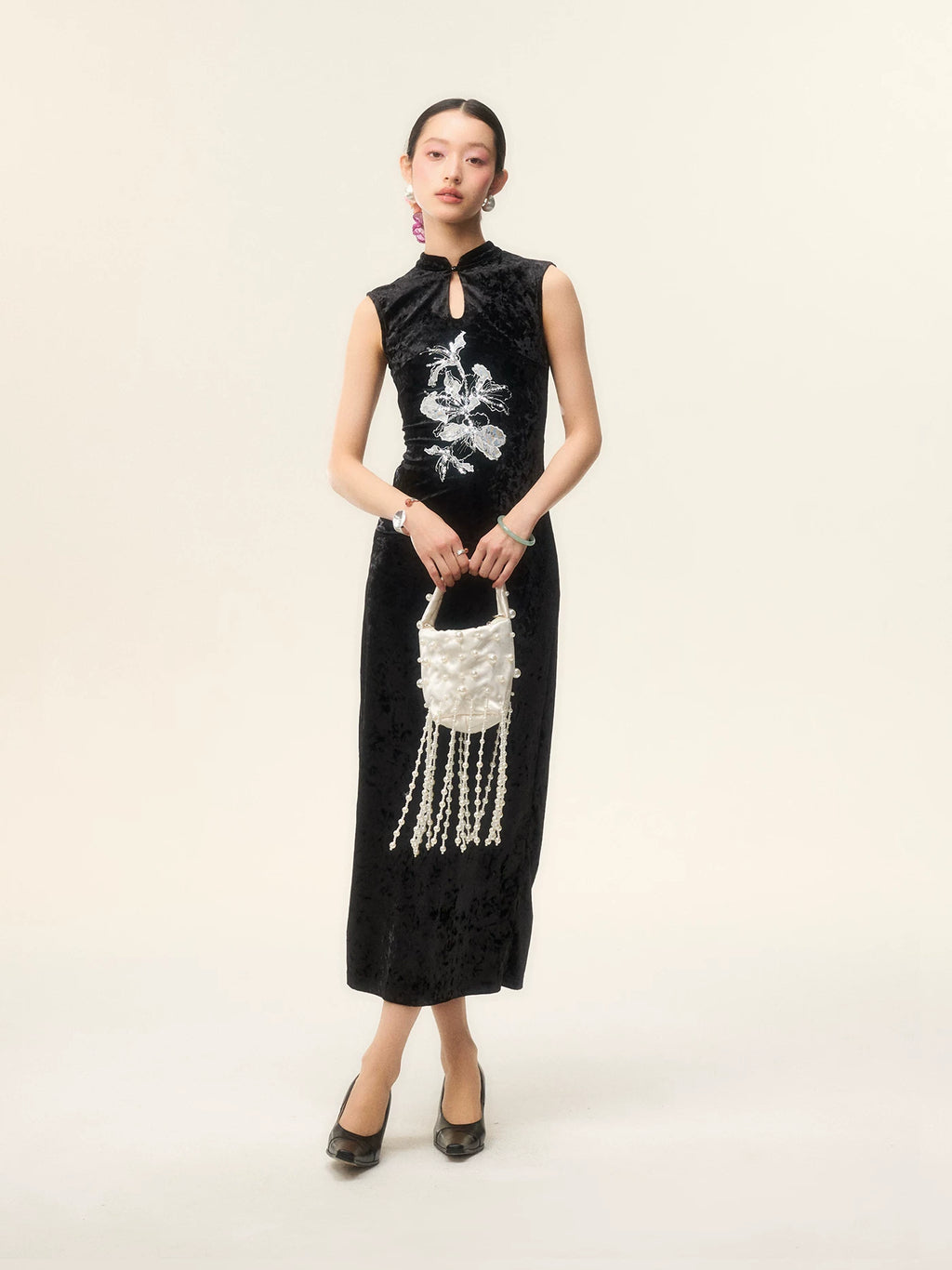 LOUMUTAKU Three-dimensional Lace Embroidered Velvet Cheongsam Dress