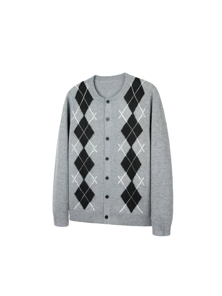 NewDecay Rhombus Knitted Button-down Long-sleeved Cardigan
