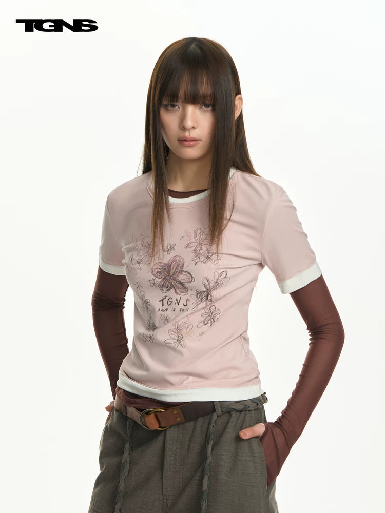 TGNS Flower-painted Graffiti Fake Three-piece Tight and Thin Long Sleeves