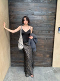 KELIFAN Retro Leopard Print High Waist Long Fishtail Skirt