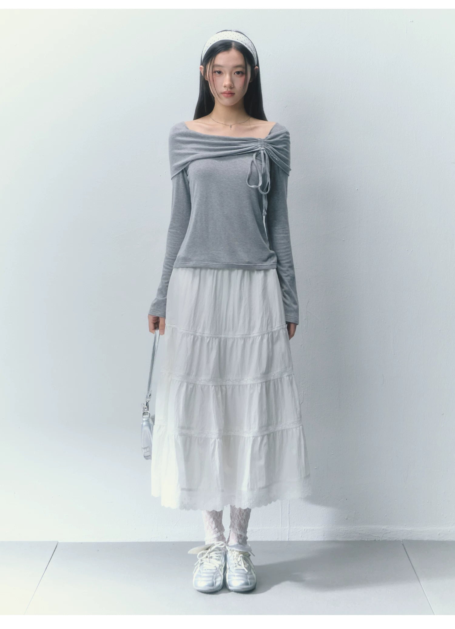 Ablueberry Two Wear One Word Shoulder Pleated Long Sleeves
