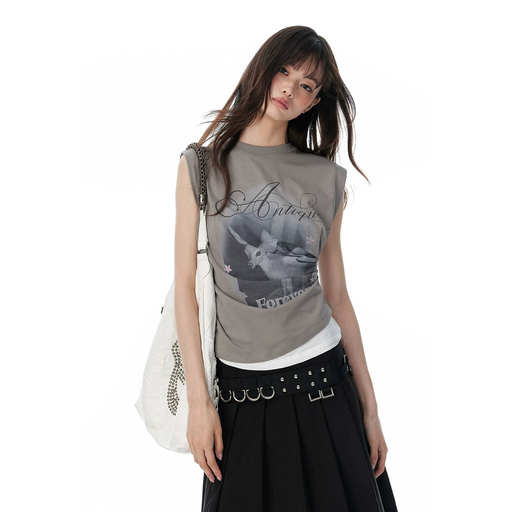 JIKOO Printed Asymmetrical Fake Two-piece Vest