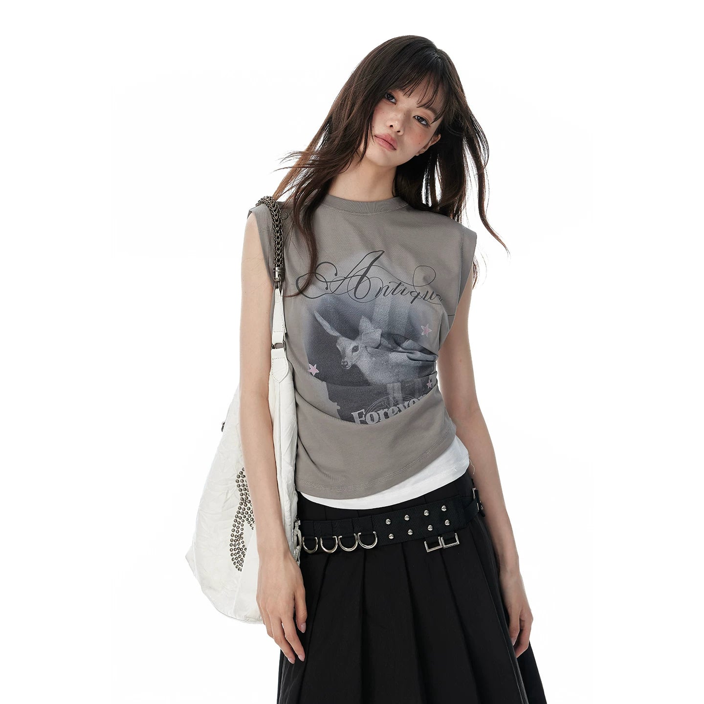 JIKOO Printed Asymmetrical Fake Two-piece Vest