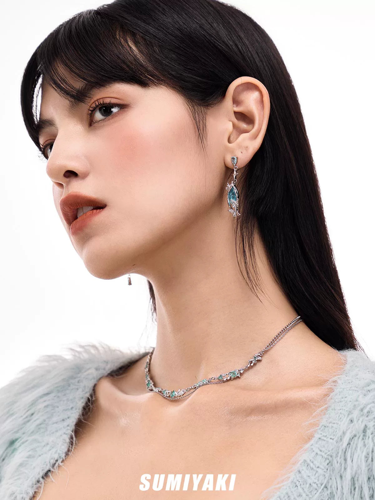 SUMIYAKI Ice Flower Zircon Water Drop Asymmetric Butterfly Earrings