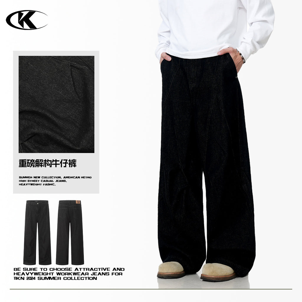 11KN washed pleated black straight jeans