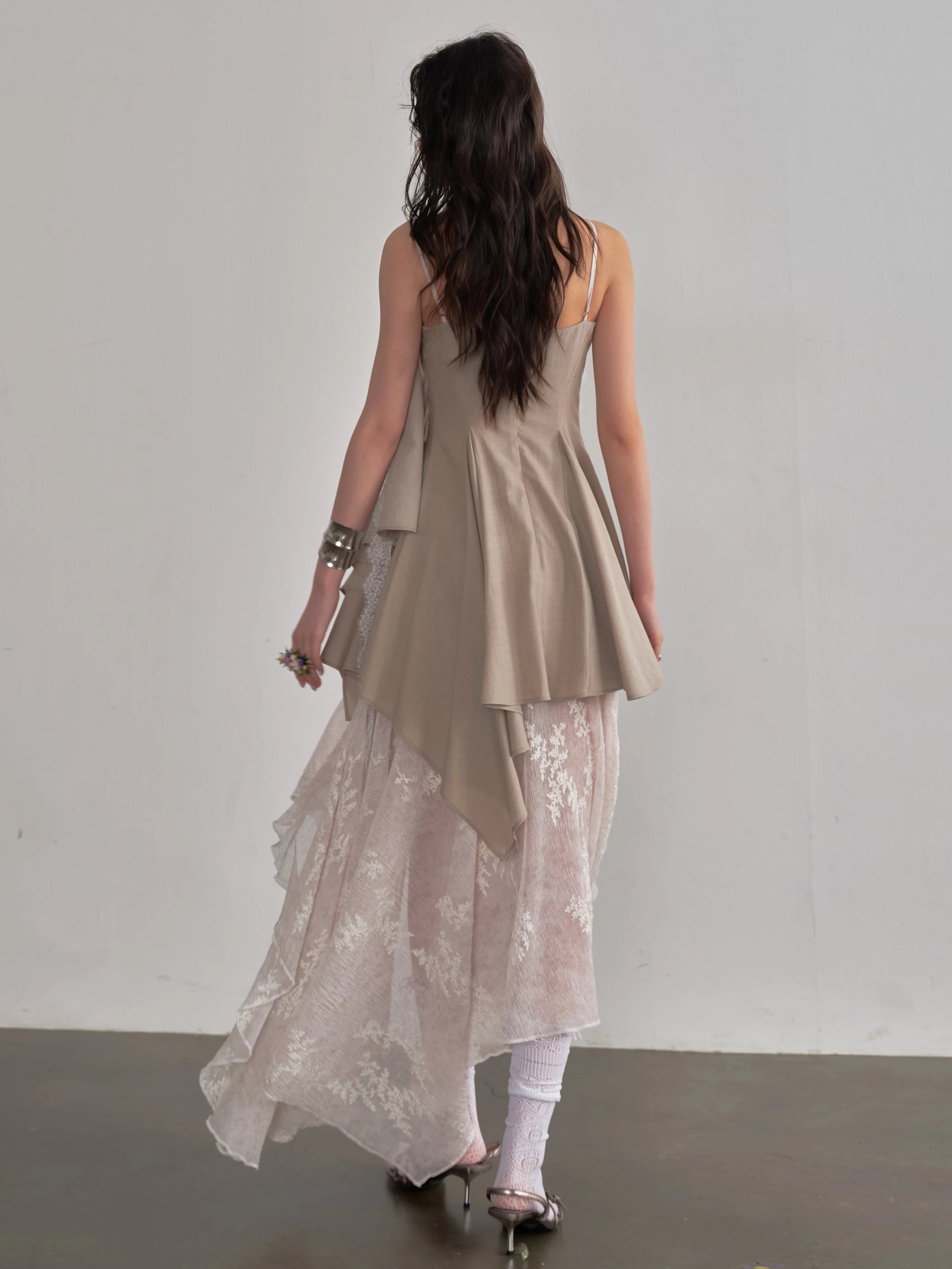 JNYLON Irregular Embroidery Splicing Layered Suspender Skirt