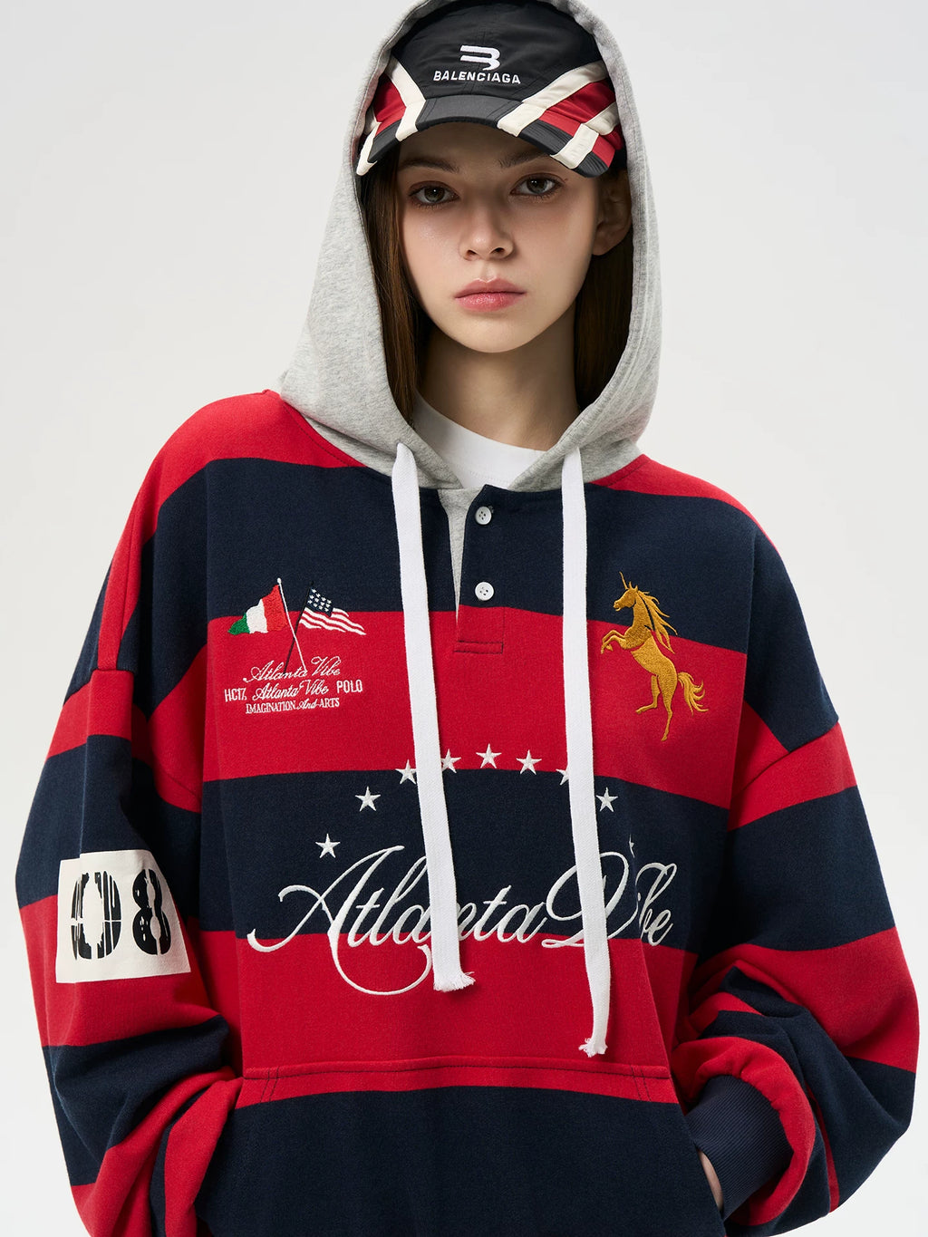 HACR Striped Stitched Embroidered Hooded Sweater
