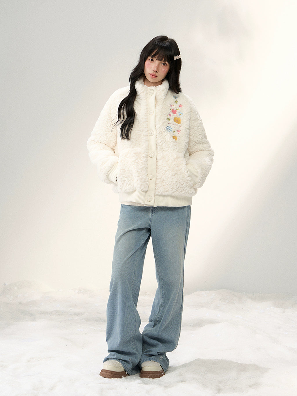 Umoumo Flower Embroidery Knitted Splicing Stand-up Collar Fur Jacket