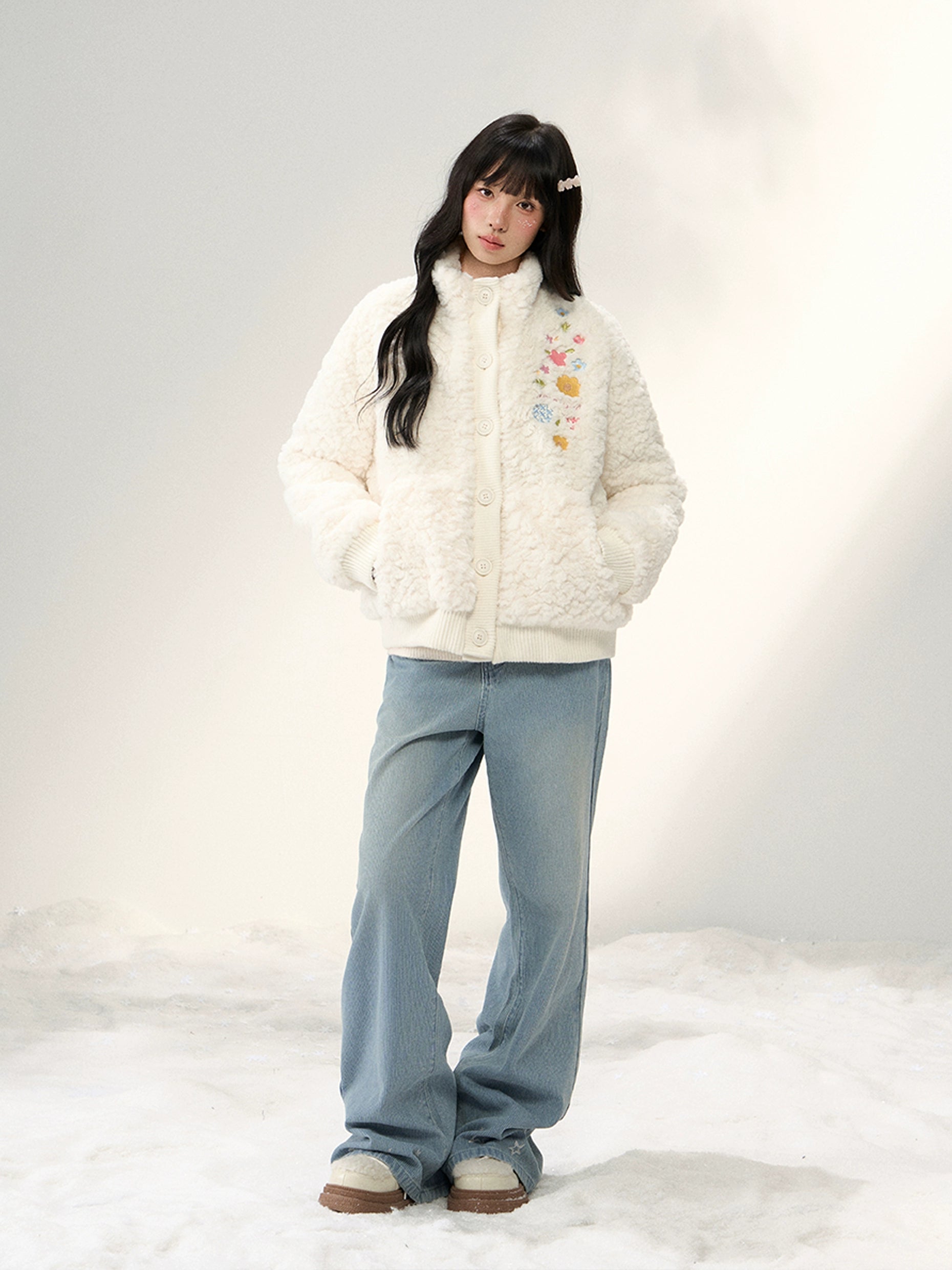 Umoumo Flower Embroidery Knitted Splicing Stand-up Collar Fur Jacket