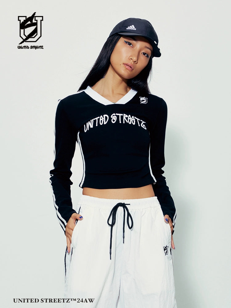 US Vintage Ribbon V-Neck Long Sleeve