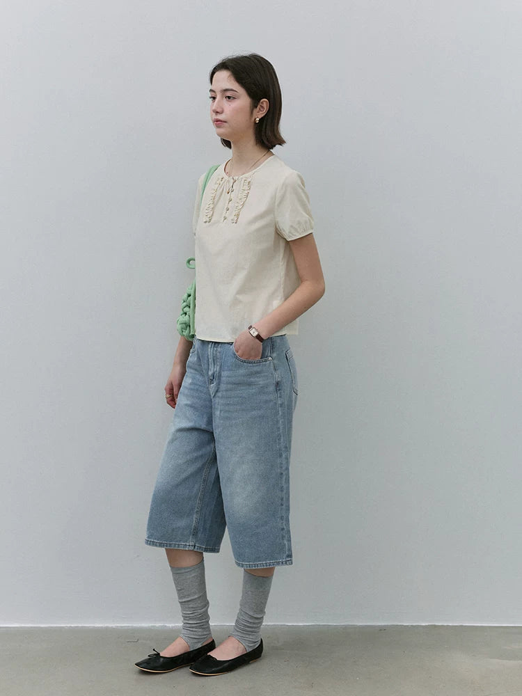 VOOE Fungus Edge Front Shoulder Crew Neck Casual Shirt