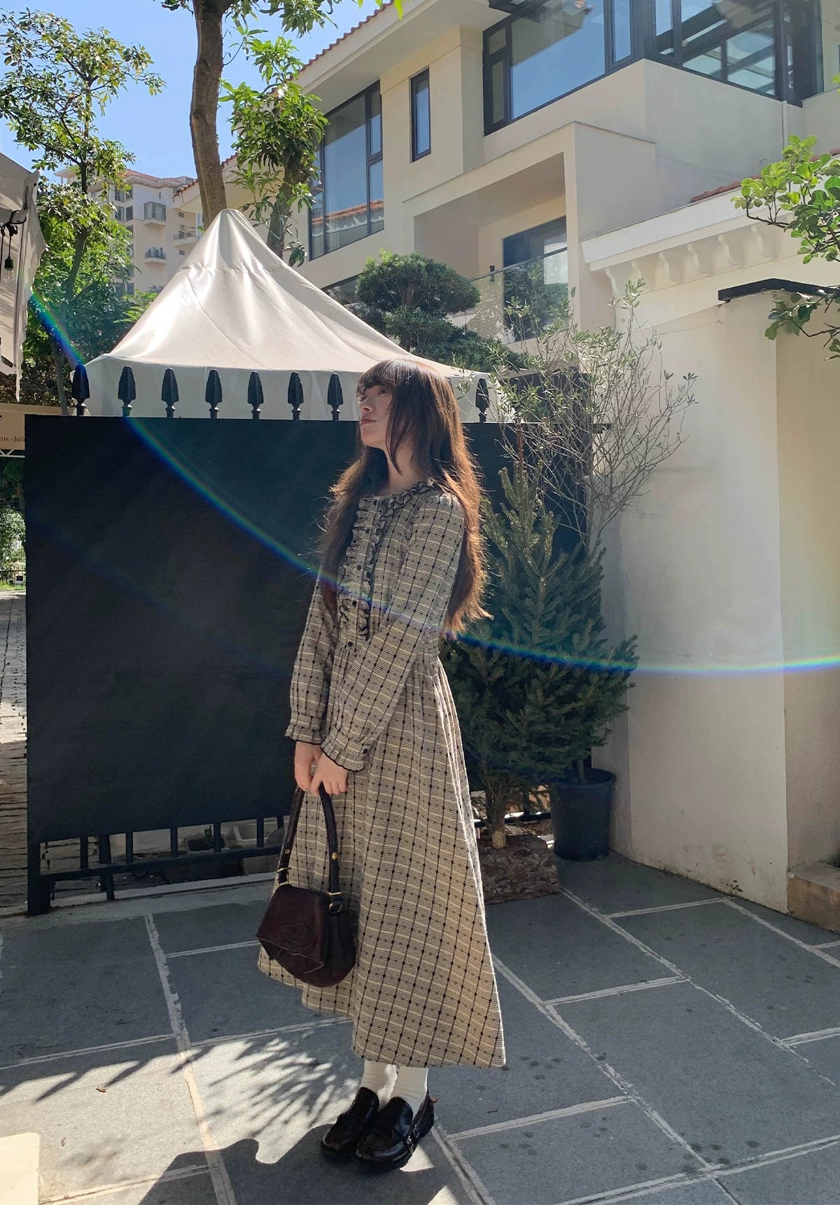 Kano Fungus Edge Collar Bubble Sleeve Plaid Dress