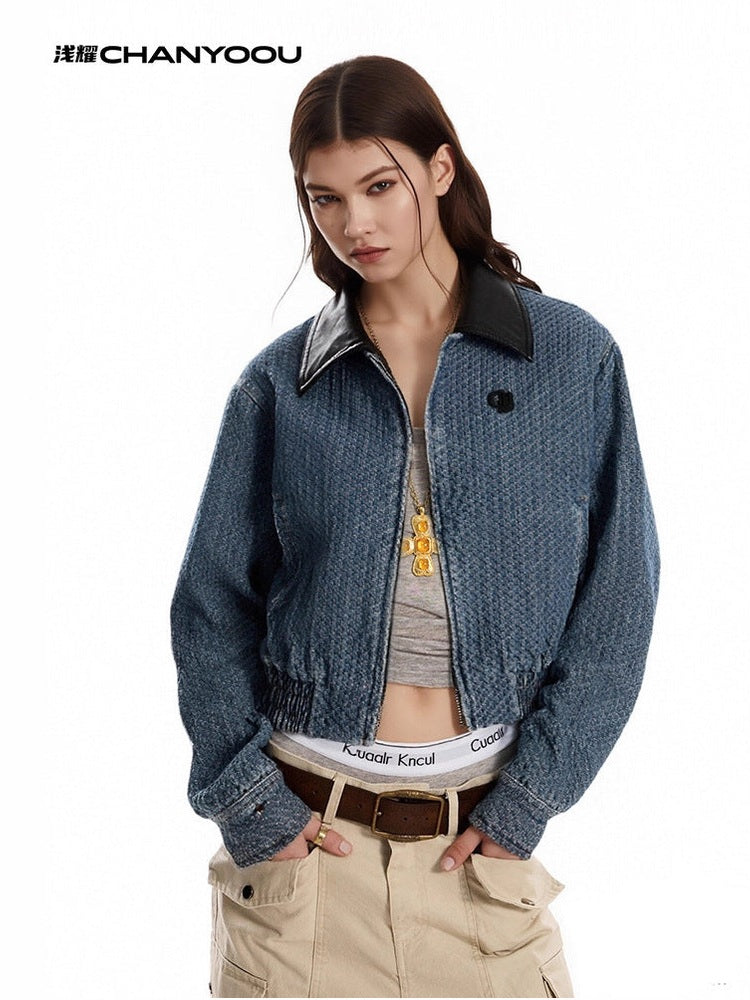 CHANYOOU Retro Contrasting Lapel PU Leather Denim Jacket