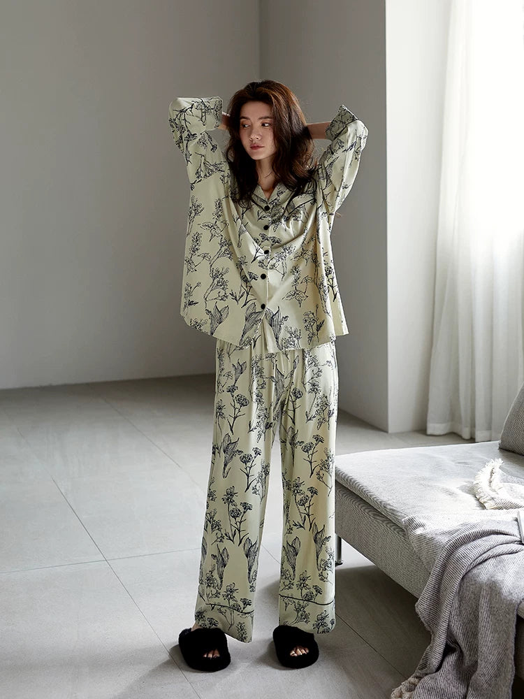 YUENEI Modal Chinese Style Long-sleeved Trousers Pajamas
