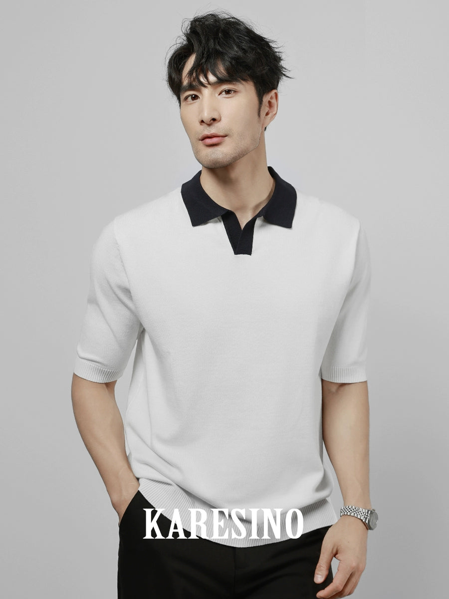 KARESINO Ice Silk Breathable Contrasting Color Splicing Knitted Sweater