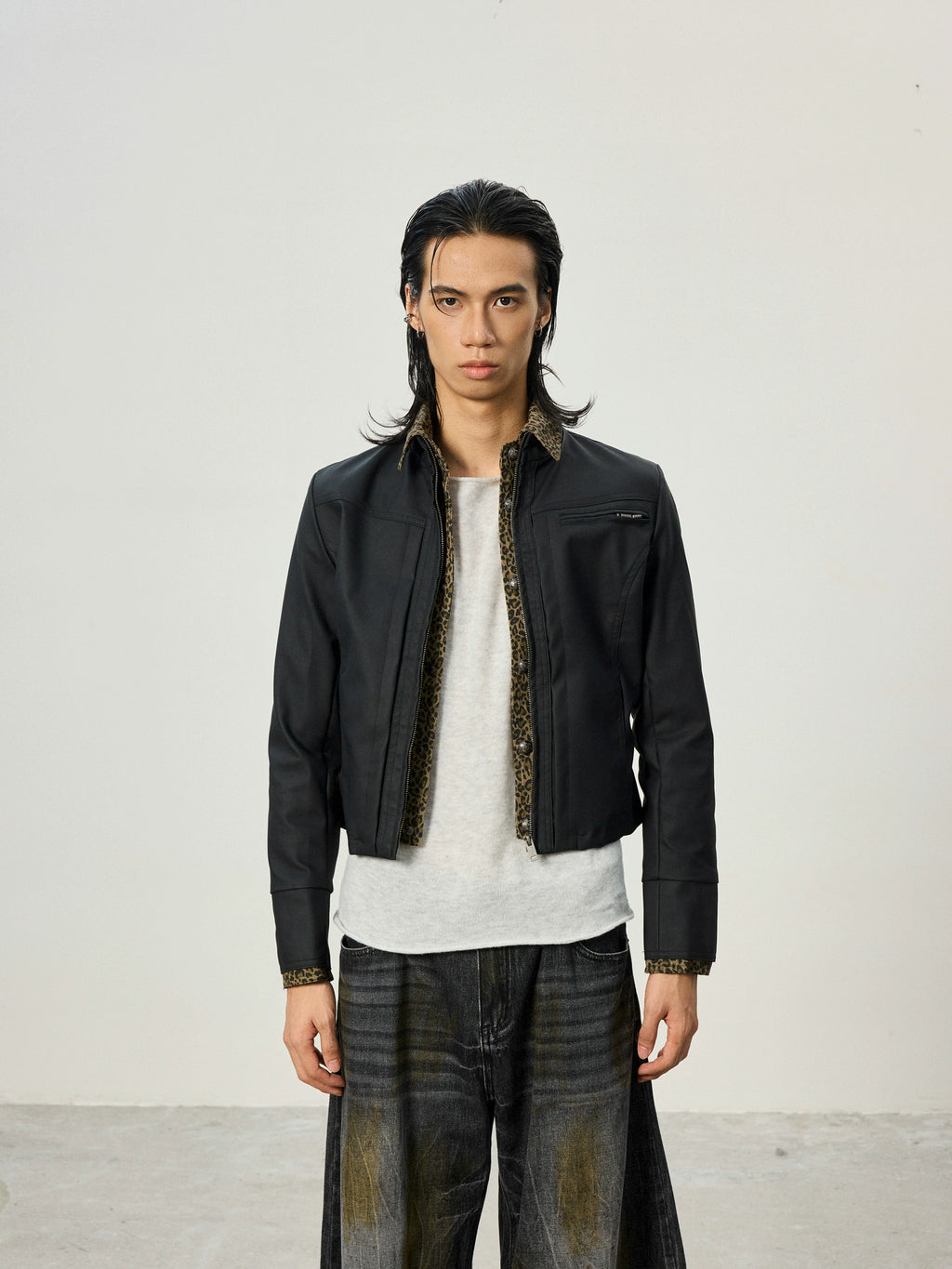 BTSG Short Fake Two-piece Leopard Print Spliced Jacket