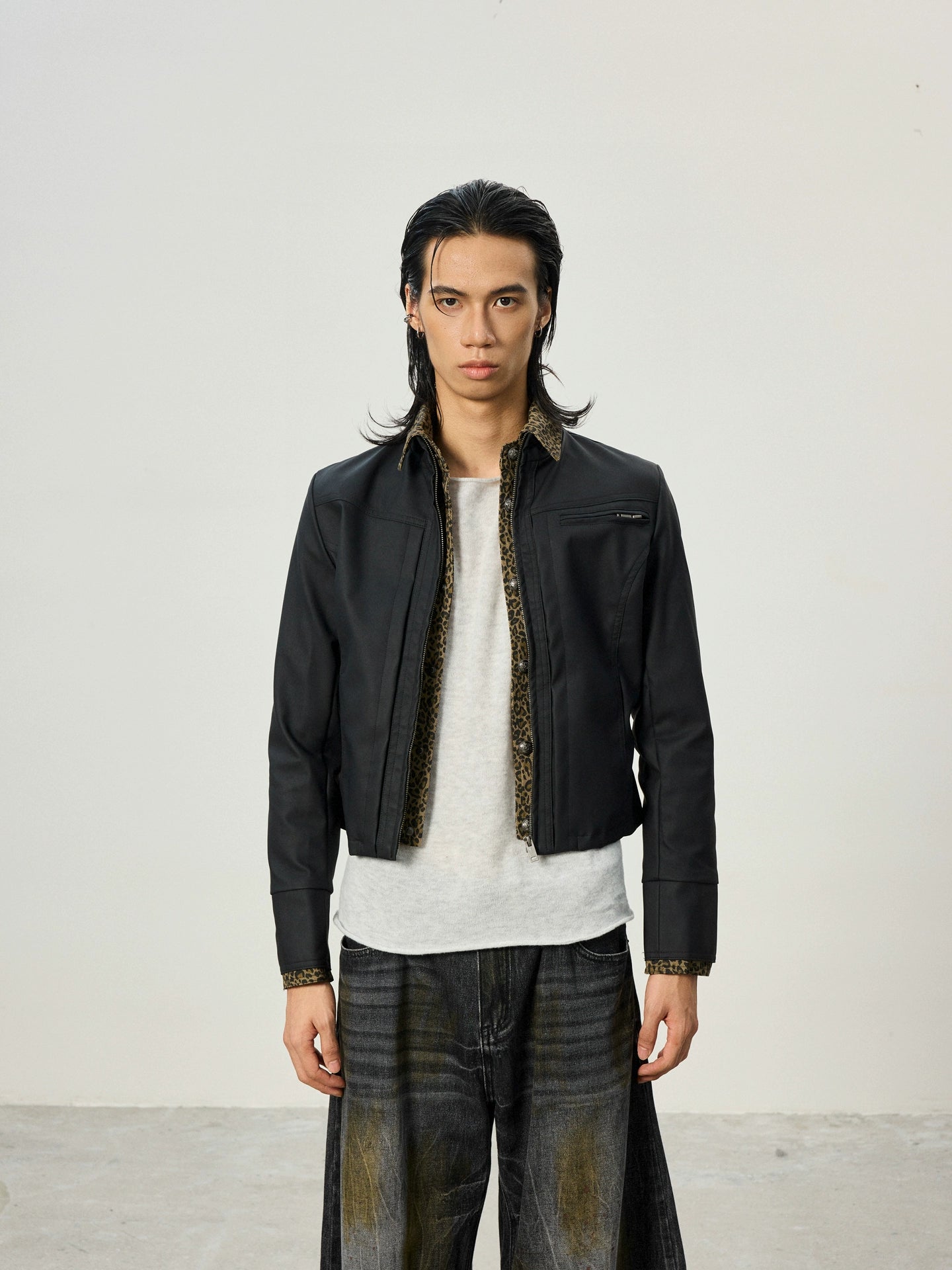 BTSG Short Fake Two-piece Leopard Print Spliced Jacket