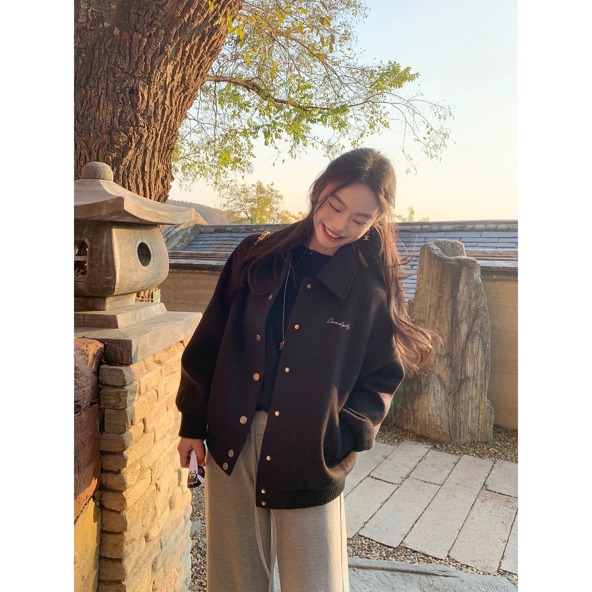 Pusumede Retro Red Lapel Loose Woolen Coat