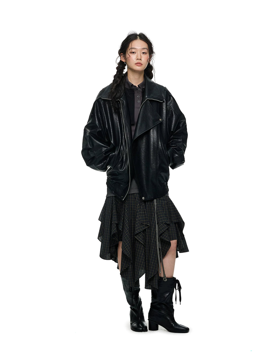 JIKOO Spliced Plaid Pleated Skirt