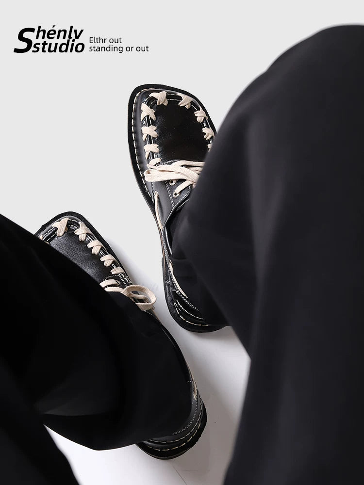 SHENLV STUDIO Cross-strap Square-head Flat-soled Leather Shoes