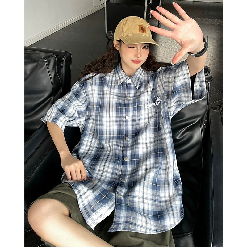 404MOB embroidery classic plaid shirt