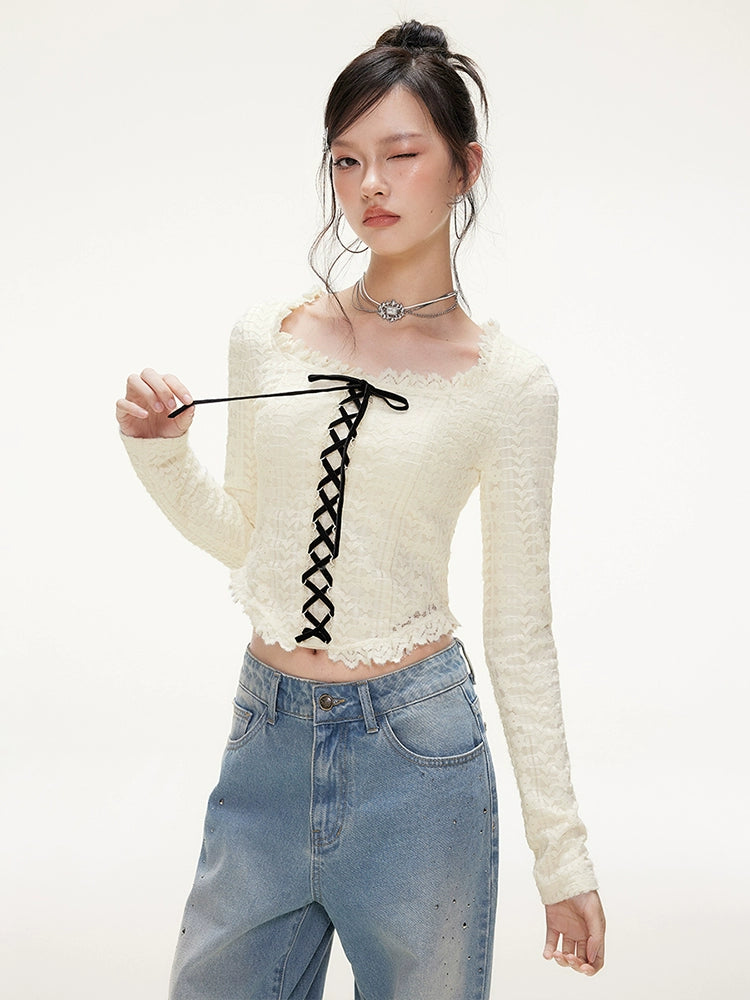 IMONE Velvet Strap Lace Square Collar Long Sleeve