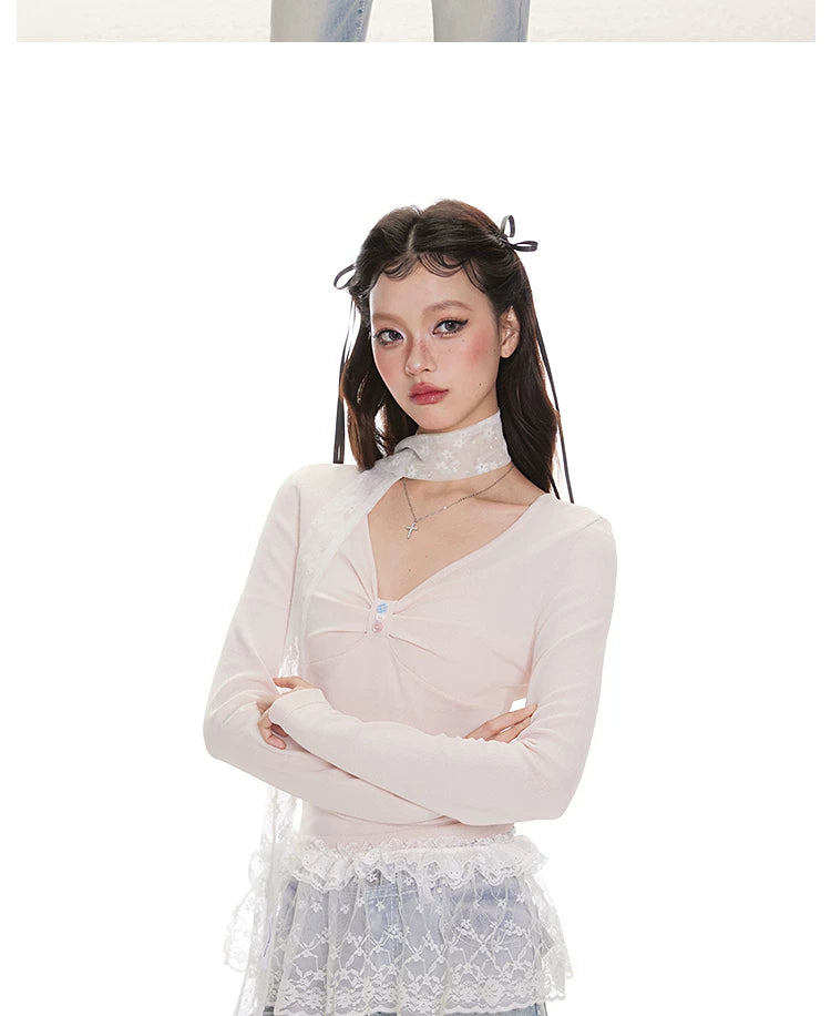 Imone Pleated V-neck Slim Slim Long Sleeves