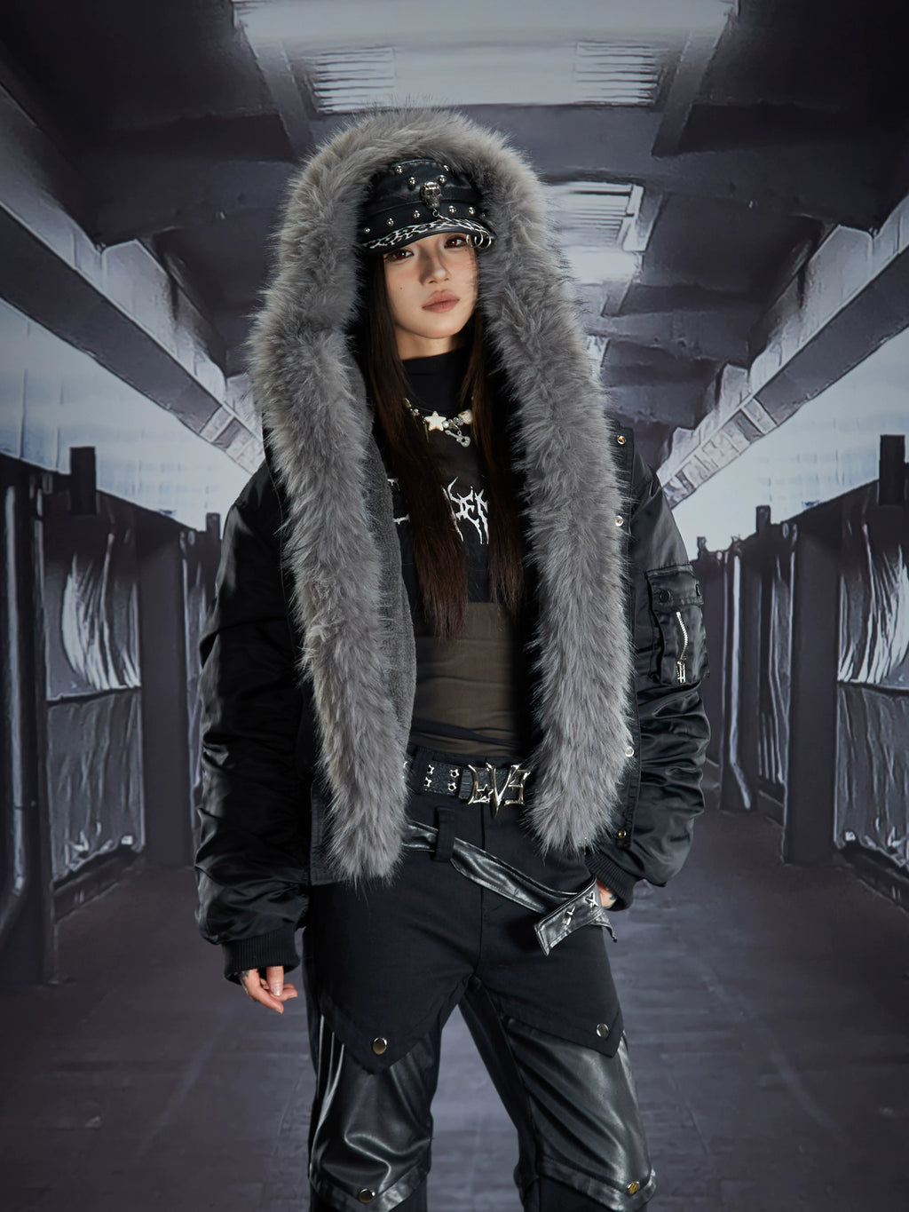 NOMANIAI Removable Fur Collar Nailed Hooded Embroidered Fleece Cotton Jacket