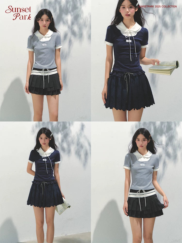 SunsetPark Doll Collar Stitching Knitted Tee
