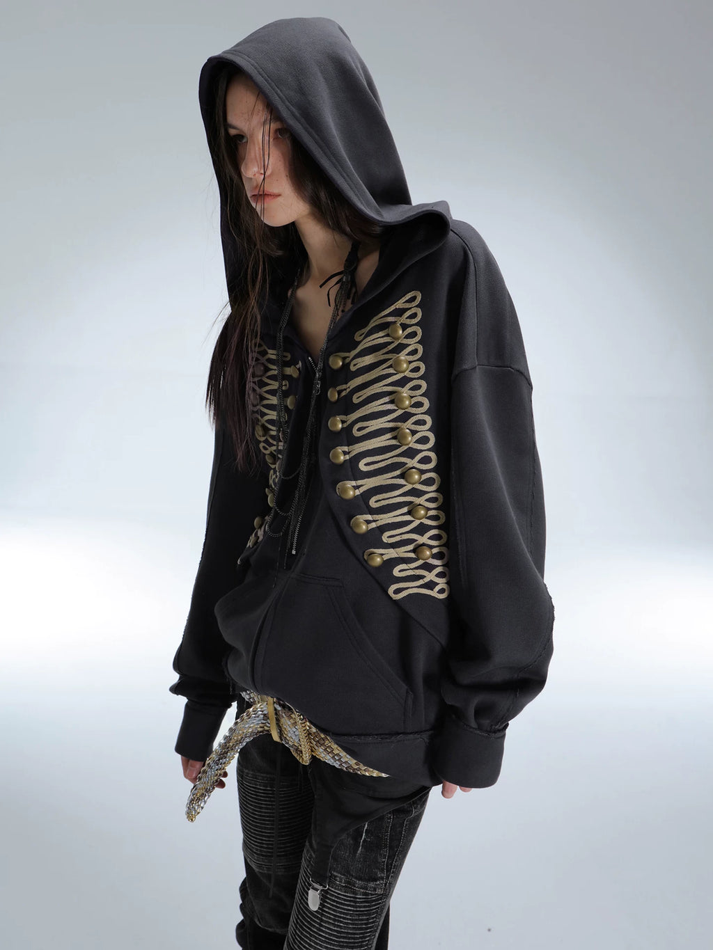 DoublePunch Embroidered Metal Buckle Loose Hooded Jacket