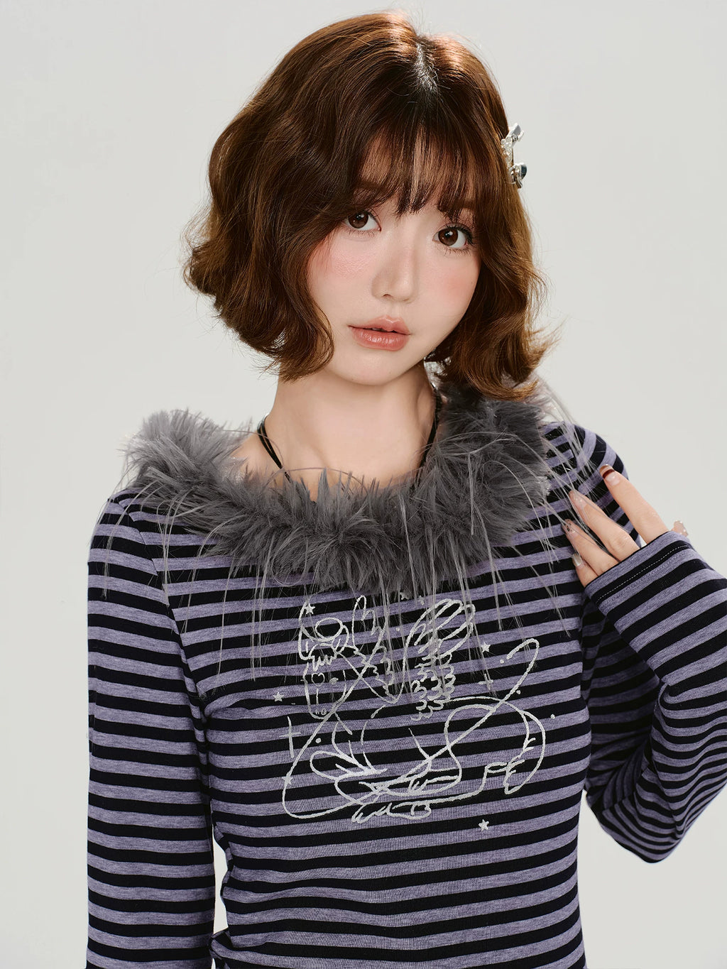 Girlyhalo Vintage Fur Collar Embroidered Striped Slim Sleeve