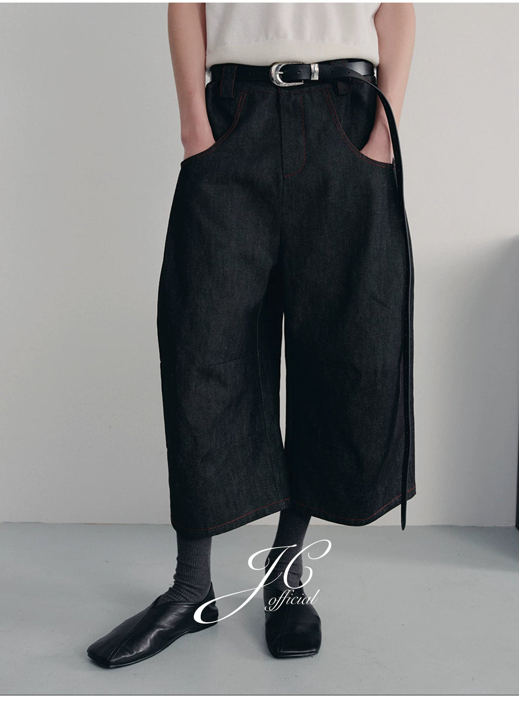 JCAESAR Red Line Pleated Cropped Pants
