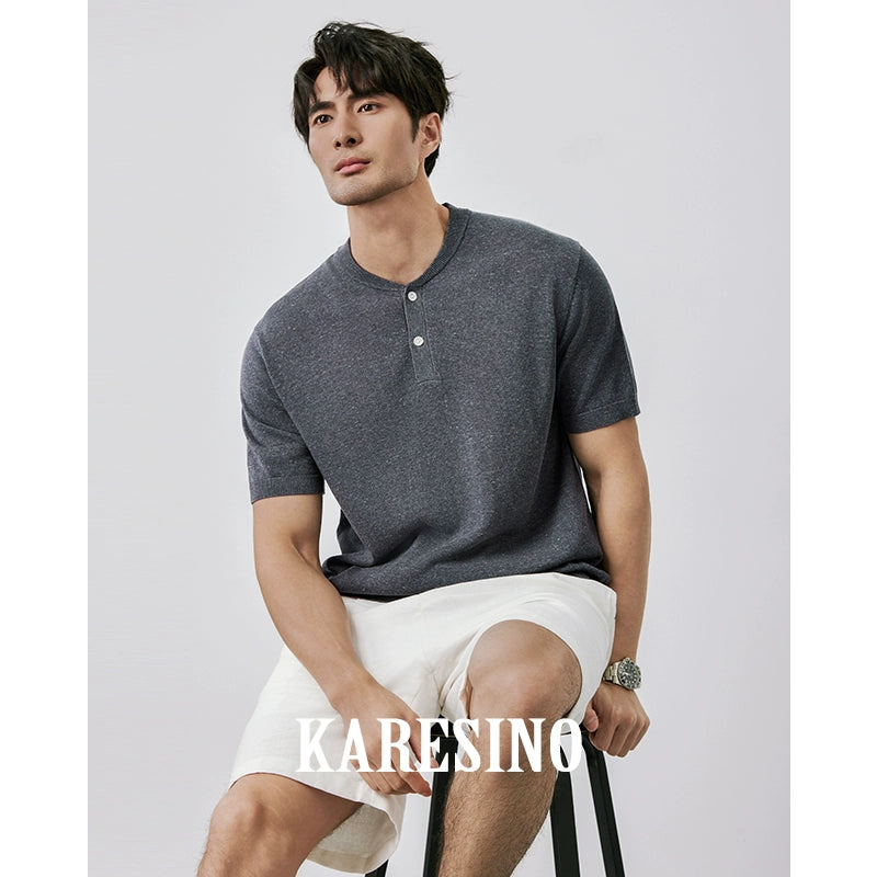 KARESINO Henry-neck Casual Knitted Polo Shirt