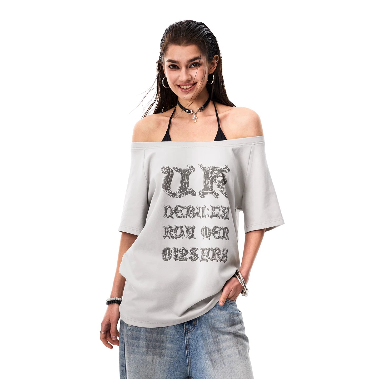 0123Start Diagonal Shoulder Contrasting Loose Tee