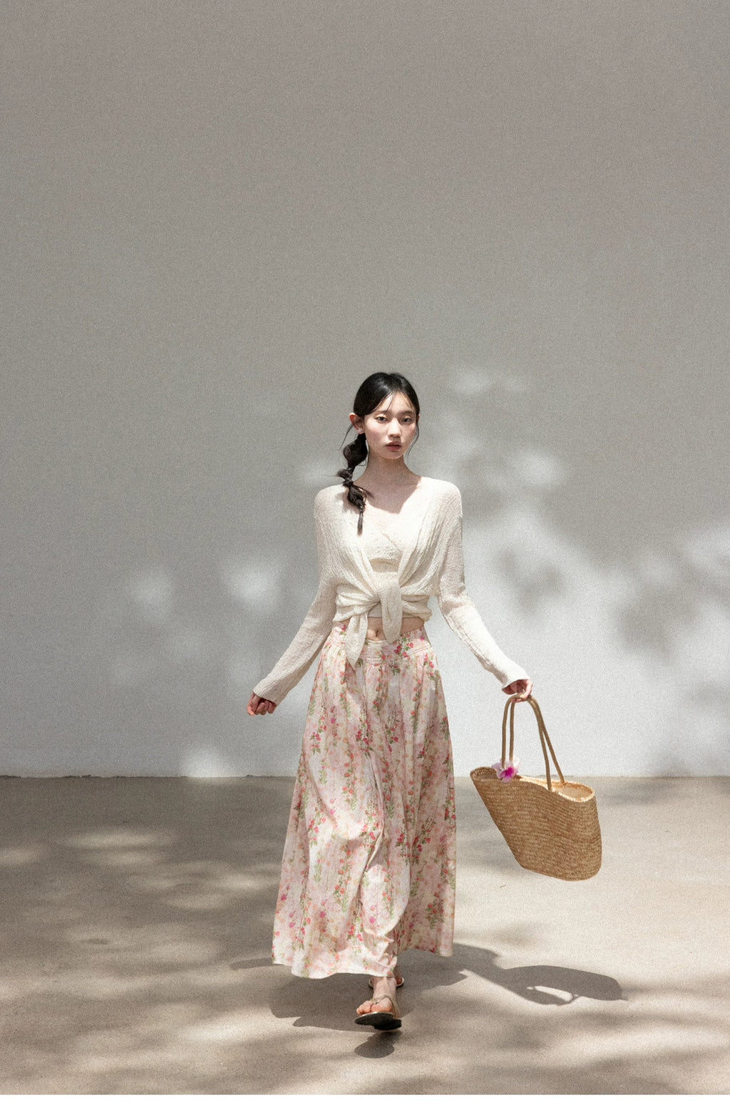 Cantonstory Floral High Waist Slim Skirt Knitted Cardigan Set