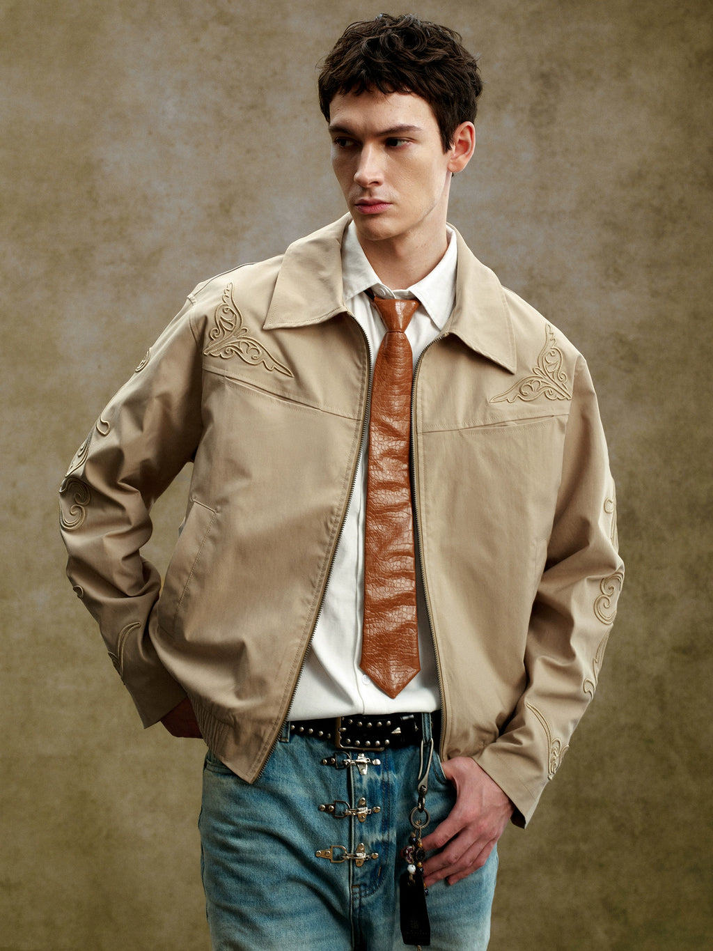 YADcrew Vintage Three-dimensional Line Carved Lapel Jacket