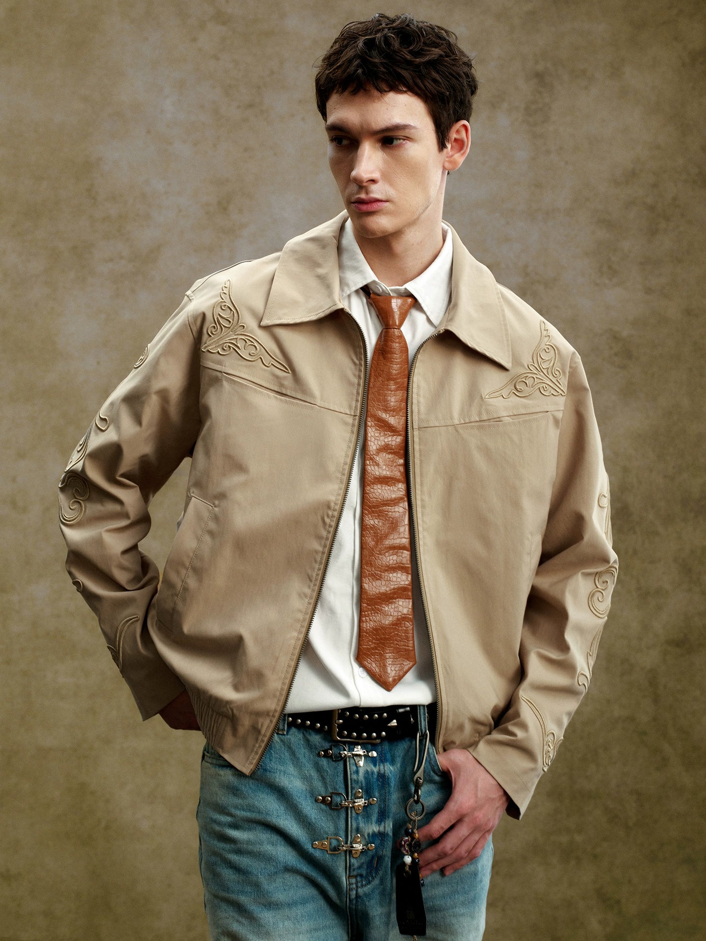 YADcrew Vintage Three-dimensional Line Carved Lapel Jacket