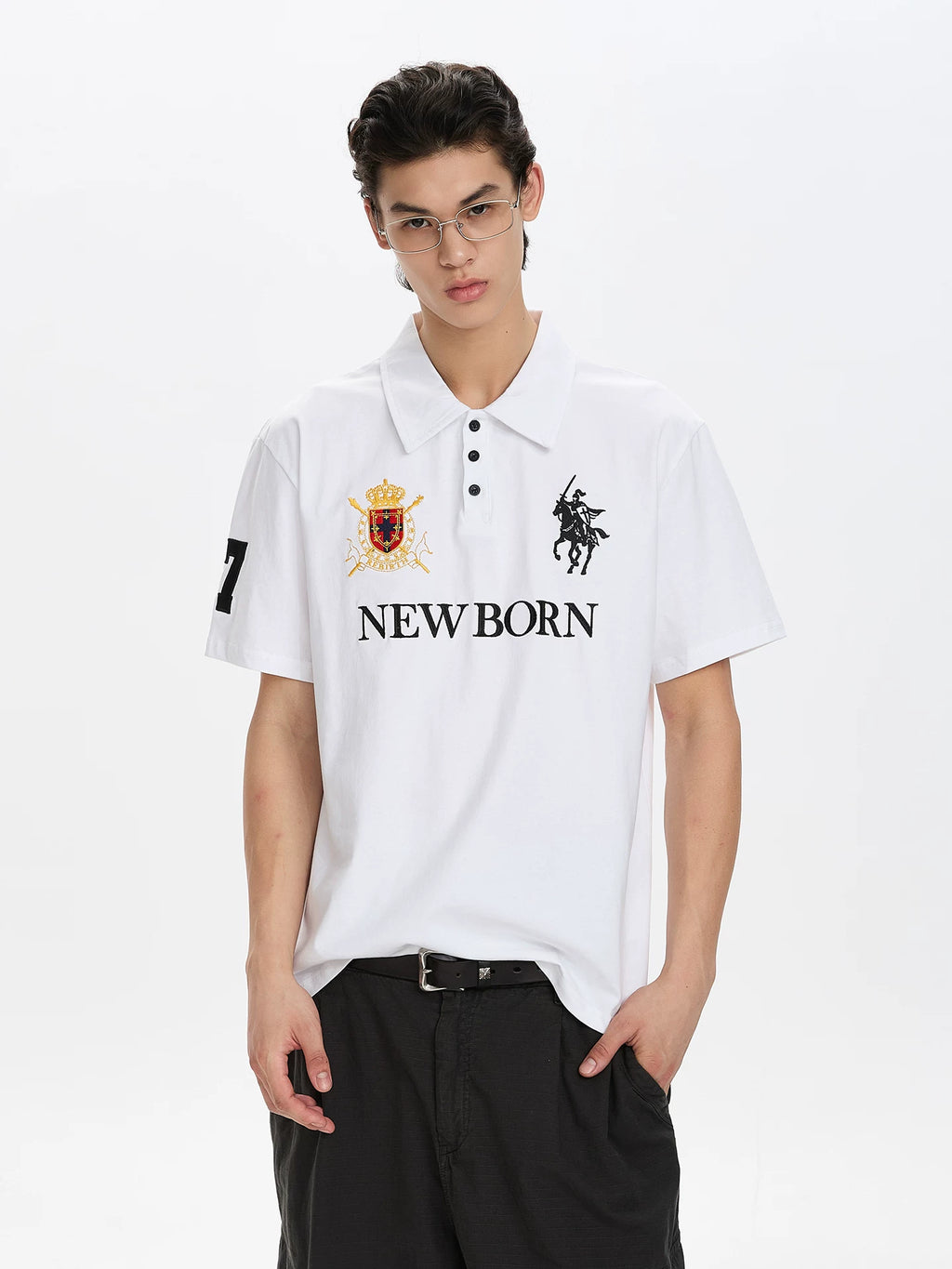 A PUEE Retro Alphabet Front Shoulder Embroidered Polo Shirt