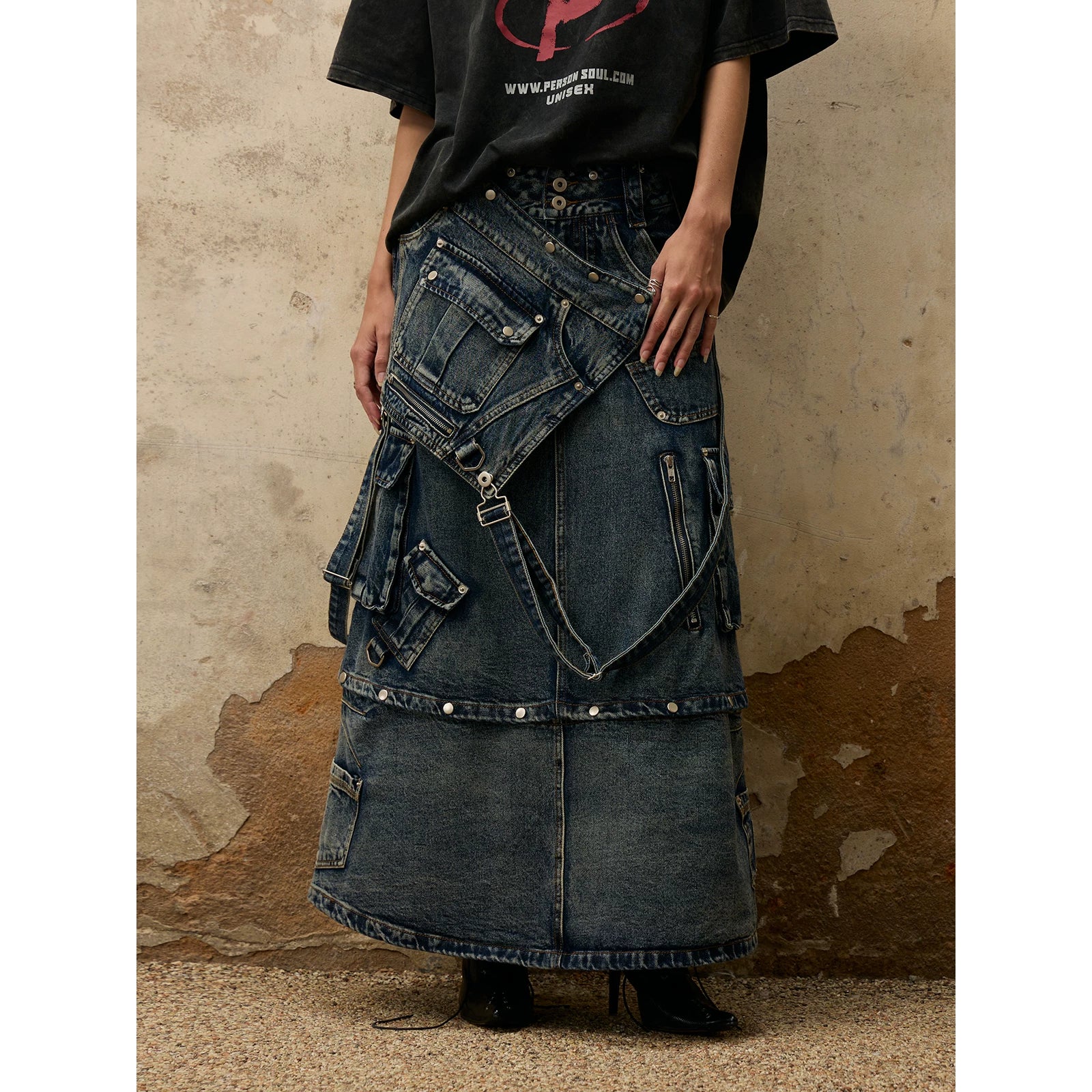 PERSONSOUL Vintage Premium Denim Strap Skirt