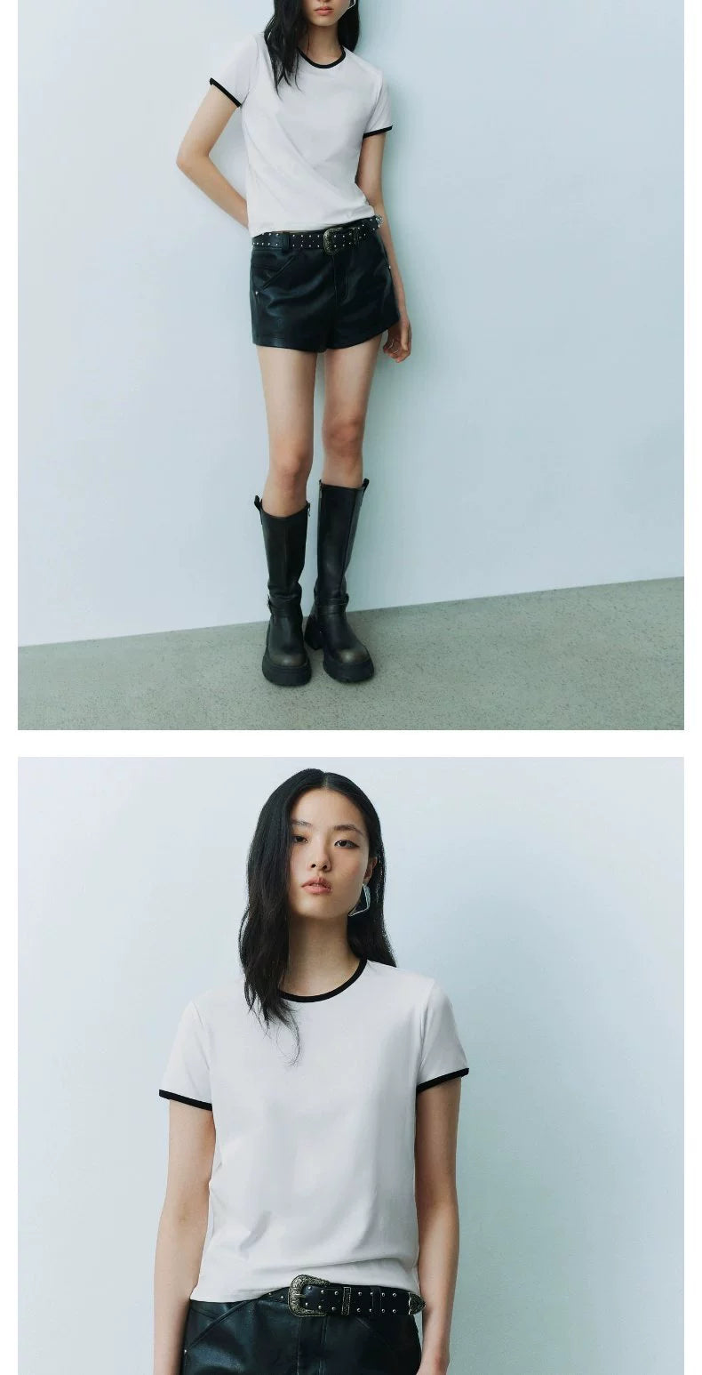 URBAN REVIVO Casual Contrasting Lines Crew Neck Short Sleeve T-Shirt