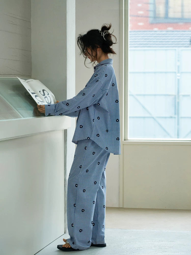 YUENEI Cotton Long Plaid Cardigan Set Pajamas