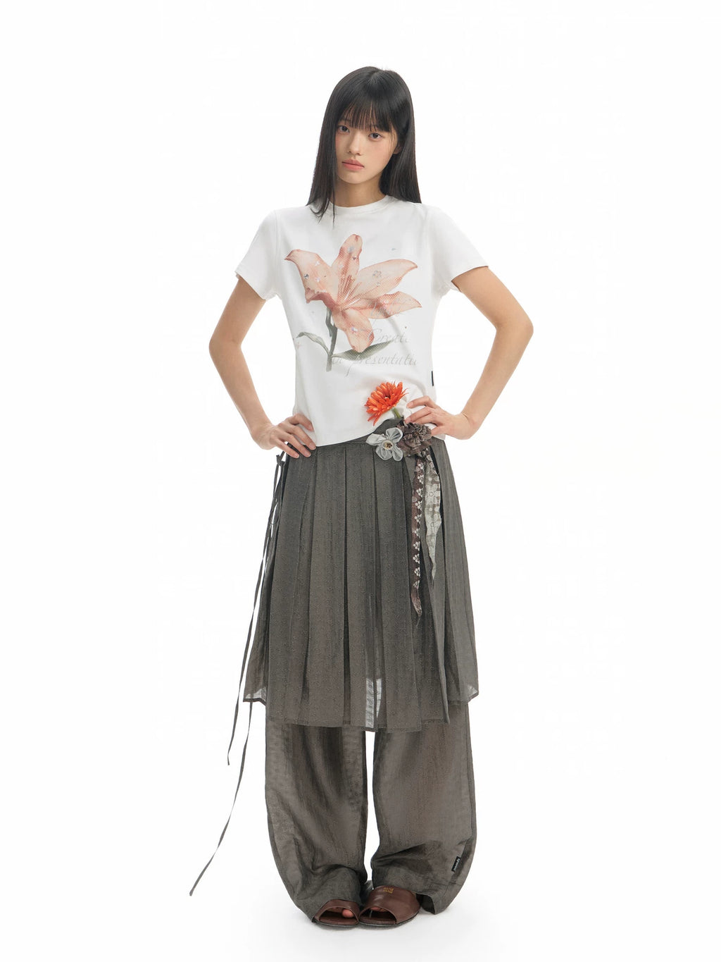 TGNS Lily Print Casual Slim Shoulder Tee