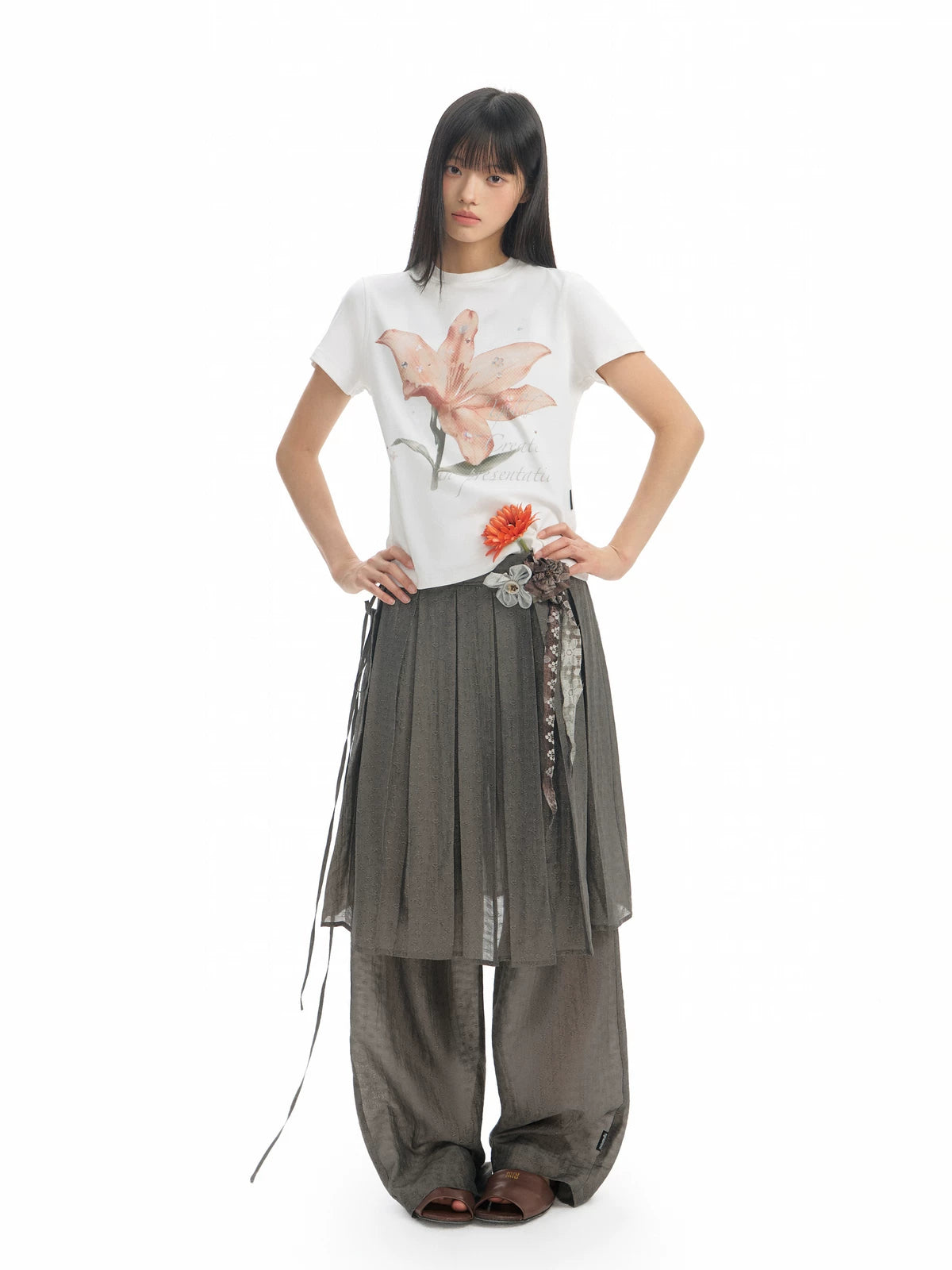 TGNS Lily Print Casual Slim Shoulder Tee