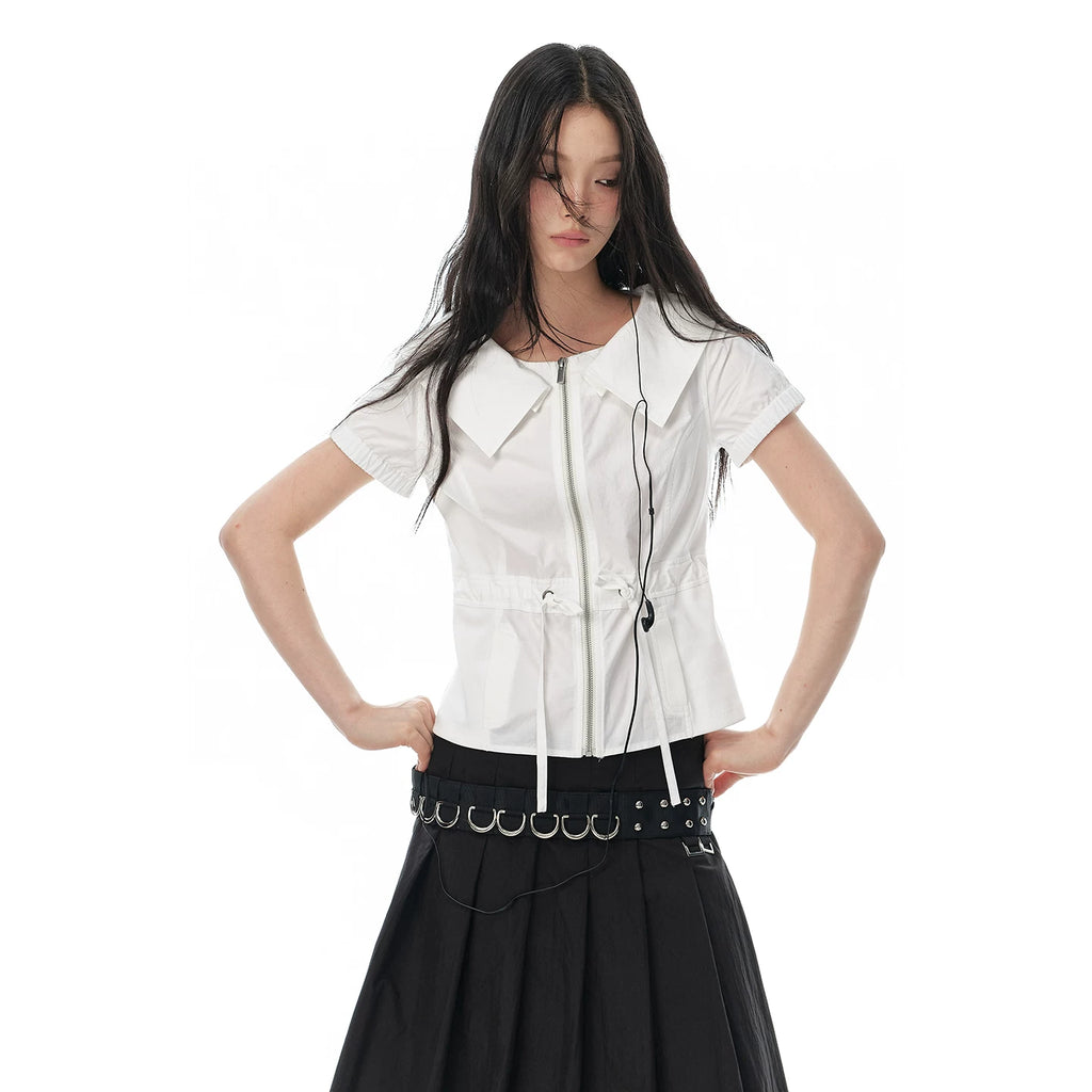 JIKOO Retro Large Lapel Drawstring Shirt