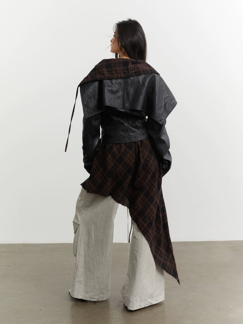 JNYLON-plaid Apron Stitched Imitation Leather PU Jacket