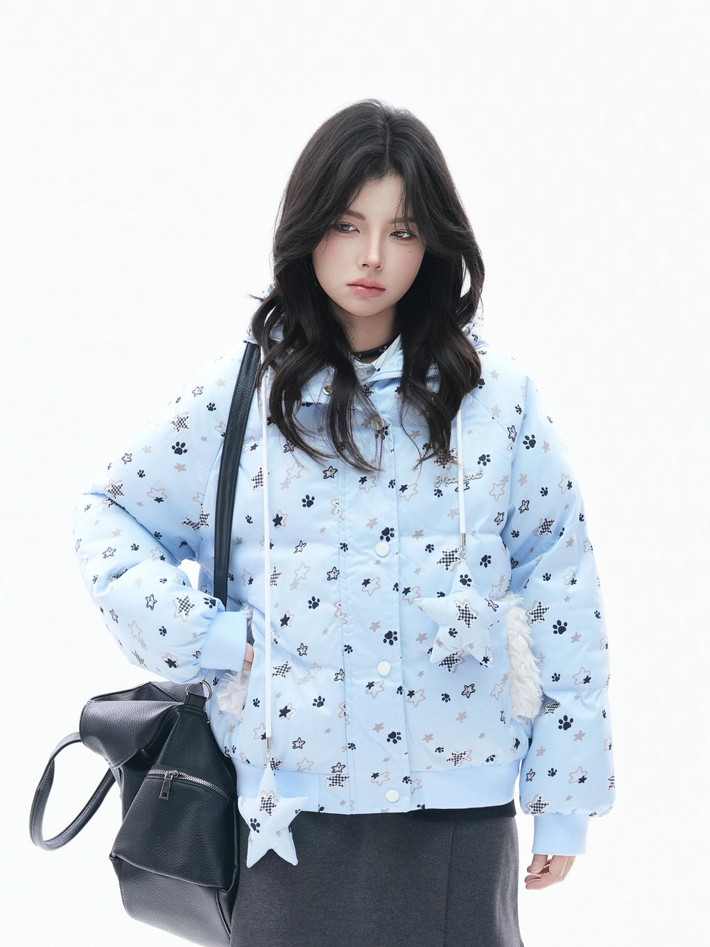 Zuocisankon Star Print Plush Hooded Cotton Coat